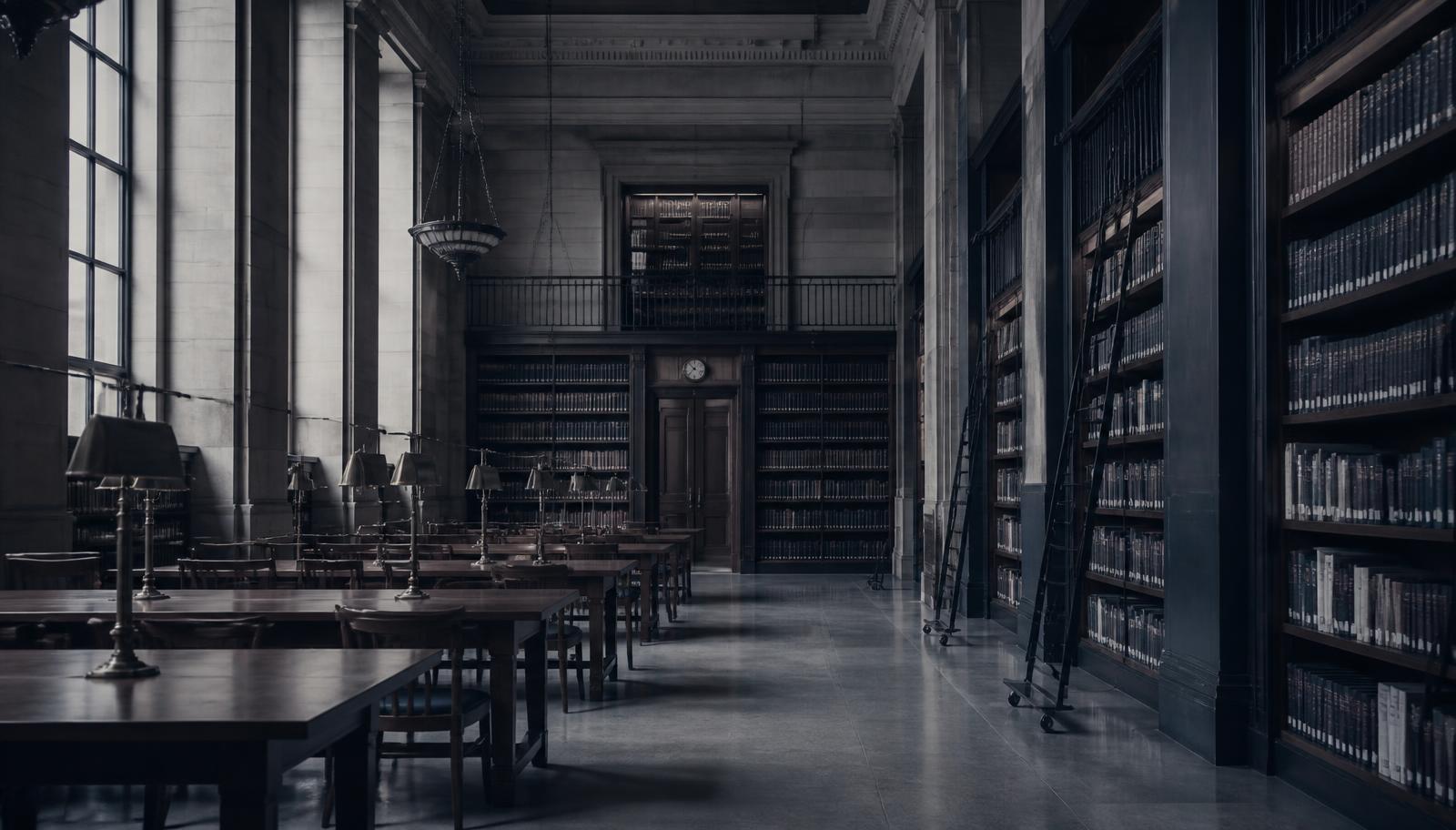 Empty institutional reading room with tall bookshelves and long tables in navy and graphite tones